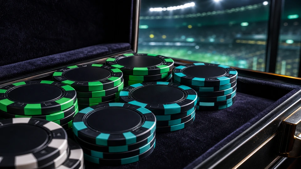 Glowing virtual Arena Chips floating in a stadium setting