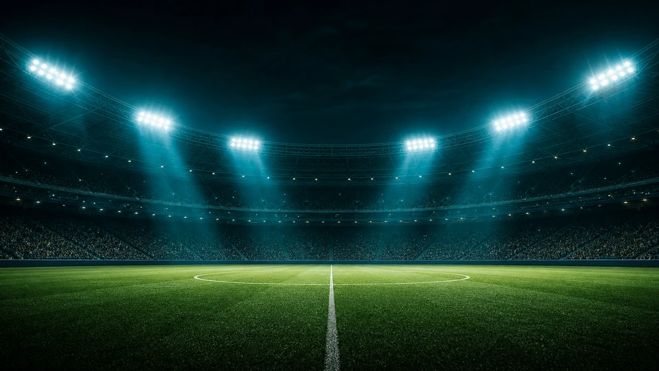 Vision of a future sports arena lit by neon floodlights