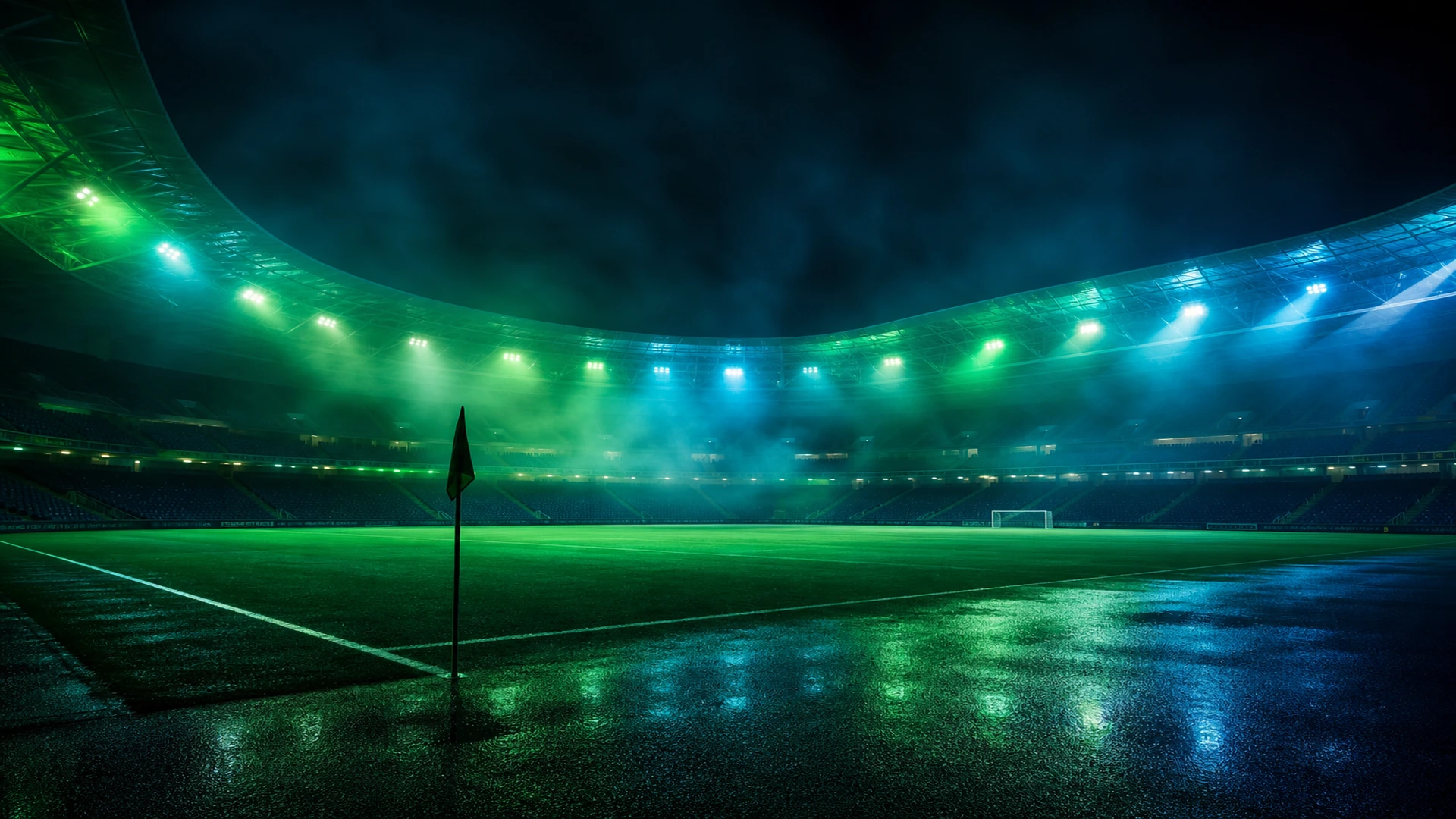 Stadium spotlight beams illuminating the arena